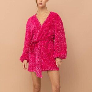 Sequin Velvet Wrap Tie Puff Glamour Dress